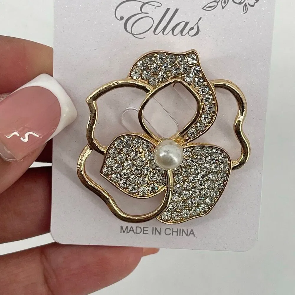 Ellas Gold Tone Rhinestone Flower Brooch Pin Pearl Floral Statement Lapel Pin